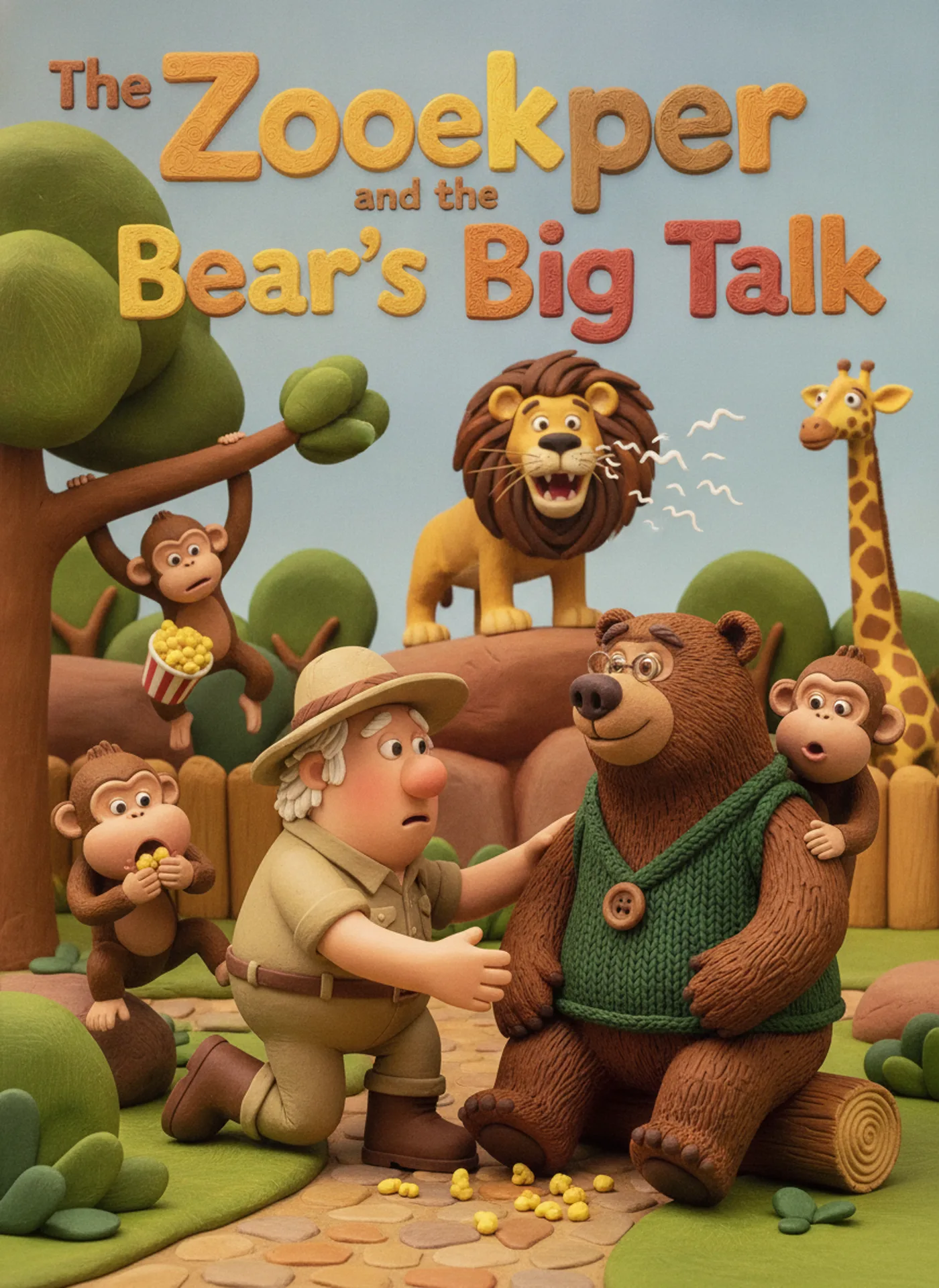 Book cover in claymation: a zookeeper kneels beside a bear in a green knitted vest while monkeys, a lion and a giraffe look on.