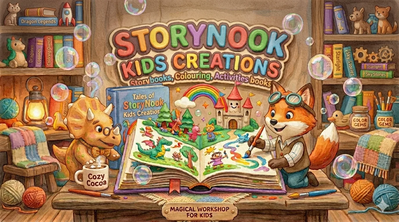 Story Nook Kids Creations: a fox and a triceratops paint a pop-up storybook in a cosy wooden workshop.