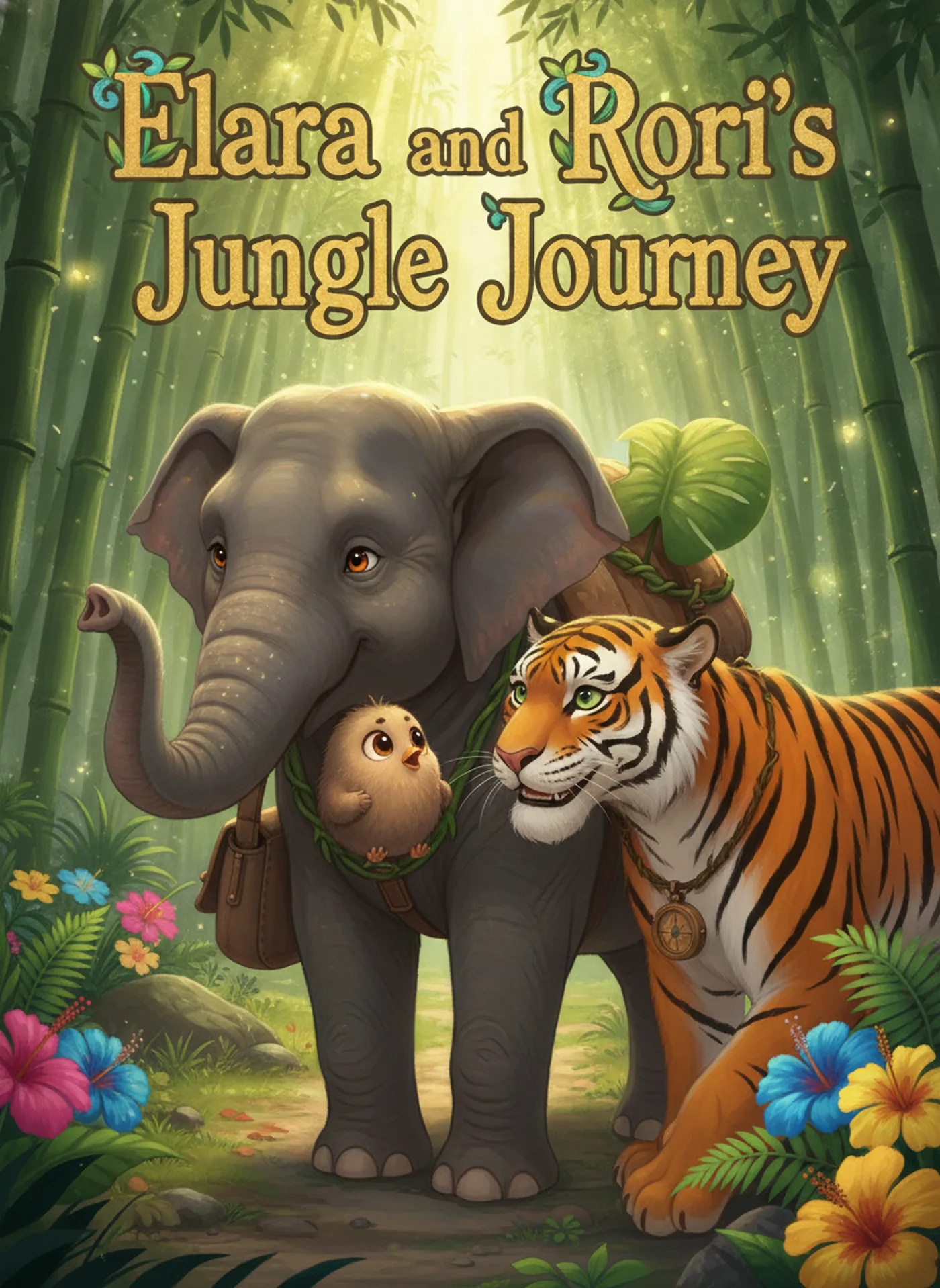 Book cover: a grey elephant, a small fluffy bird wearing a leaf necklace and an orange tiger with a compass medallion, together in a sunlit bamboo jungle.